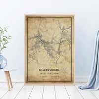 
              Clarksburg, West Virginia Vintage Style Map Print 
            