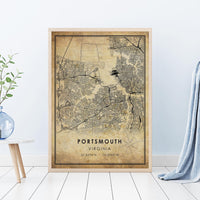 
              Portsmouth, Virginia Vintage Style Map Print 
            