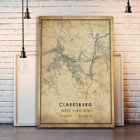 Clarksburg, West Virginia Vintage Style Map Print 