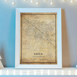 Chico, California Vintage Style Map Print 