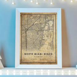 North Miami Beach, Florida Vintage Style Map Print 